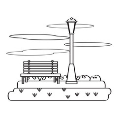 View of a public park with a bench and a lamp