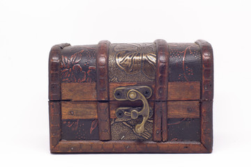 front of a old wood box in a white background 