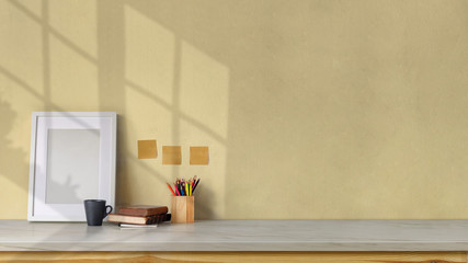 Mockup poster empty frame, workspace and copy space marble table