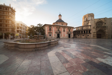 Square of the Virgin Saint Mary, Valencia Cathedral, Basilica of Virgen the Helpless in morning at...