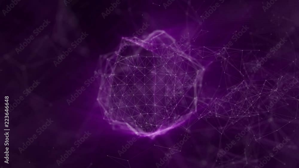 Poster deforming sphere of particles with violet radiation on a black background. 3d rendering
