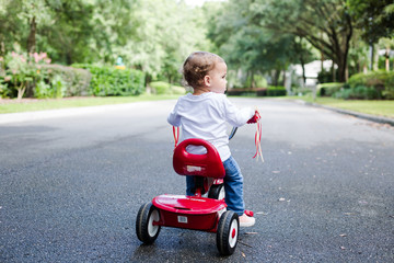 Young Child Toddler Profile on Red Tricycle on a Neighborhood Street