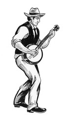 Country musician playing banjo. Ink black and white drawing