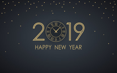 Golden happy new year 2019 with clock on black color background