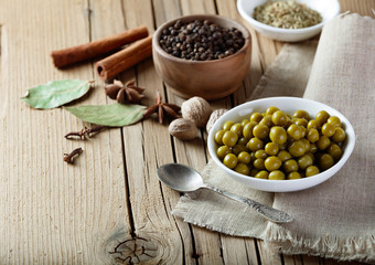 Green peas in wooden  bowl 