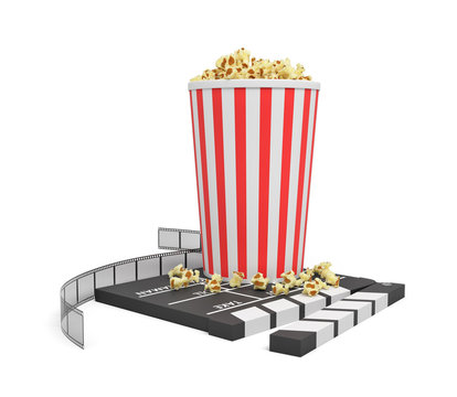 3d rendering of a full popcorn bucket standing on an empty clapperboard and a film strip on white background.