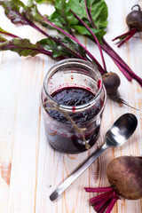 Juicy Vegetables Beet Smoothie Drink in Glass Jar