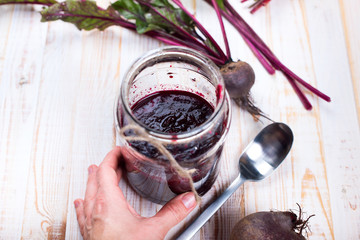 Juicy Vegetables Beet Smoothie Drink in Glass Jar