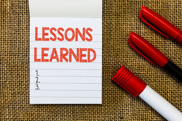 Word writing text Lessons Learned. Business concept for Promote share and use knowledge derived...