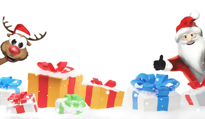 Santa Claus and Reindeer with a pile of christmas presents with snow 3d-illustration