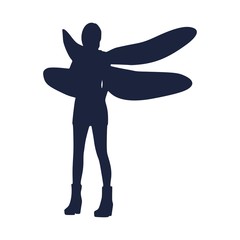 Young woman silhouette with wings of dragonfly