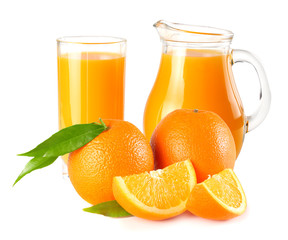 orange juice with orange and green leaf isolated on white background. juice in glass