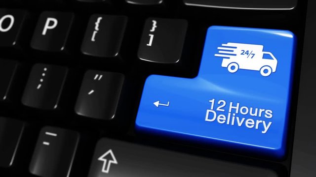 303. 12 Hours Delivery Moving Motion On Blue Enter Button On Modern Computer Keyboard with Text and icon Labeled. Selected Focus Key is Pressing Animation. Delivery Services Concept
