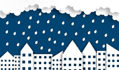 Obraz premium abstract city background with moon in rainy season at night time, vector ,illustration, paper art style, copy space for text