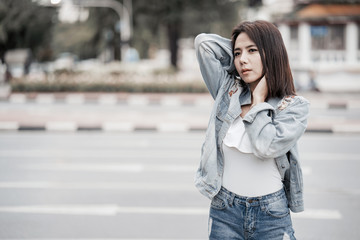 Fototapeta premium Young asian woman traveling to landmark in Bangkok Thailand.