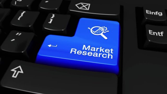 313. Market Research Round Motion On Blue Enter Button On Modern Computer Keyboard with Text and icon Labeled. Selected Focus Key is Pressing Animation. Business Management Concept