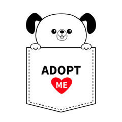 Adopt me. Dog in the pocket. Holding hands. Red heart. Cute cartoon animals. Puppy pooch character. Dash line. Pet animal collection. T-shirt design. Baby background. Isolated. Flat design