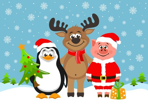 Pig in Santa Claus costume, funny reindeer and cute penguin. Greeting card for Christmas or New Year on a blue background. Cartoon characters with christmas tree and gift box. Flat style. Vector.