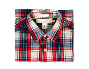 clipping path, top view of folded red and blue color plaid shirt isolated on white background