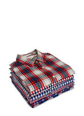 clipping path, stack of folded red and blue color plaid shirt isolated on white background, copy space