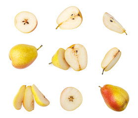 ripe red yellow pear fruits isolated on white background. Top view.