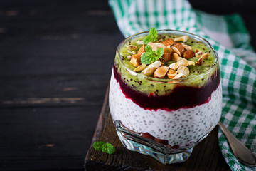 Chia pudding with fresh berries, nuts and mint in glass. Нealthy breakfast.