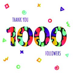  Thank you 1000 followers numbers postcard. Congratulating gradient flat style gradient 1k thanks image vector illustration isolated on white background. Template for internet media and social network