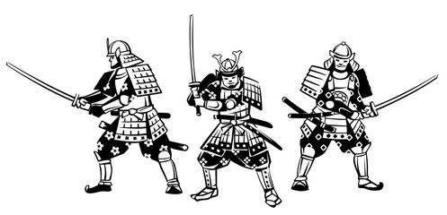 Group of samurai warriors. Hand drawn illustration.Vector set of black figures on a white background.