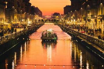 Reflections in canal on Sunset, Milan, Italy