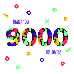 Thank you 9000 followers numbers postcard. Congratulating gradient flat style gradient 9k thanks image vector illustration isolated on white background. Template for internet media and social networks