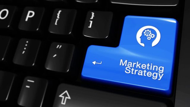338. Marketing Strategy Moving Motion On Blue Enter Button On Modern Computer Keyboard with Text and icon Labeled. Selected Focus Key is Pressing Animation. Marketing Management Concept