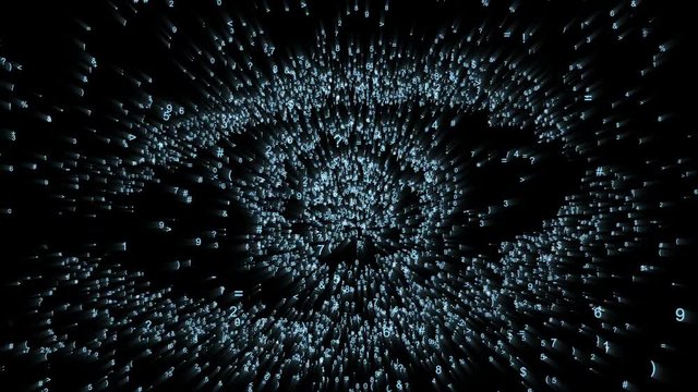 Eye tracking symbol in digital space, animation consists of a stream of numbers and symbols