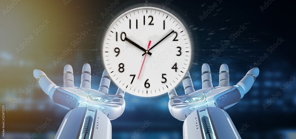 Poster cyborg hand holding a clock timer 3d rendering