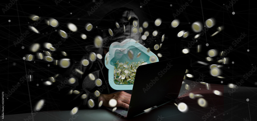 Poster hacker man holding a house moneybox with coin surrounding all over 3d rendering