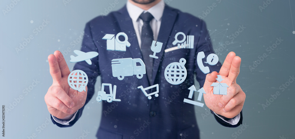 Poster businessman holding a logistic organisation with icon and connection 3d rendering