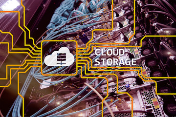 Cloud data storage concept on server room background.