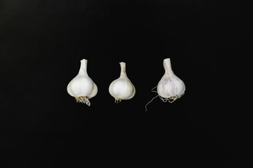 White garlic on black background