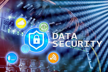 Data security, cyber crime prevention, Digital information protection. Lock icons and server room background.