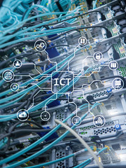 ICT - information and communications technology concept on server room background.