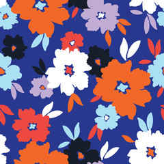 Naklejka na ściany i meble Bold graphic large scale blooms on blue background vector seamless pattern