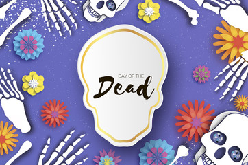 Naklejka premium Day of the dead. Paper cut skull for mexican celebration. Traditional mexico skeleton. Dia de muertos. Mexican holiday. Purple. Space for text. Origami flower.