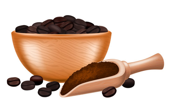 Wooden Bowl Of Roasted Coffee Beans And A Wooden Spoon Full Of Ground Coffee. Vector Illustration.