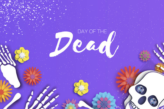Day of the dead. Paper cut skull for mexican celebration. Traditional mexico skeleton. Dia de muertos. Mexican holiday. Purple. Space for text. Origami flower. © mash3r