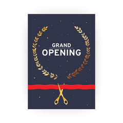 Grand opening. Dark invitation card with gold scissors and red ribbon. Vector illustration.