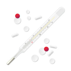 Medical thermometer with pills. Vector illustration isolated on white background