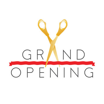 Grand Opening Sign With Gold Scissors And Red Ribbon. Vector Illustration On White Background