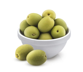 Green olives in bowl isolated on white background with clipping path