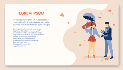 Enamored couple walking and collect golden leaves.