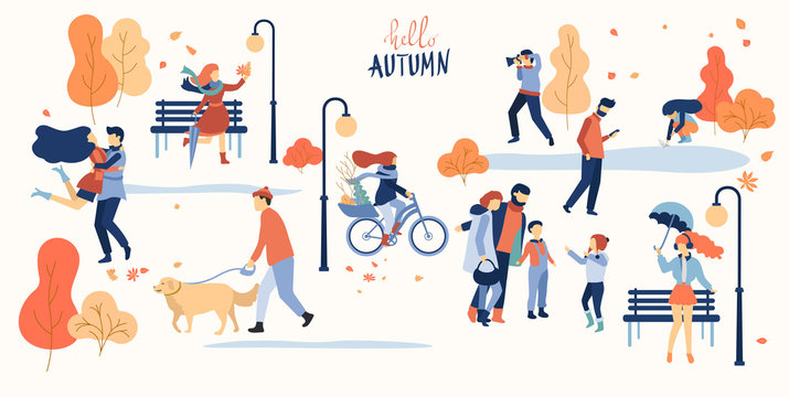 Hello autumn. People spend weekend outdoors in park.