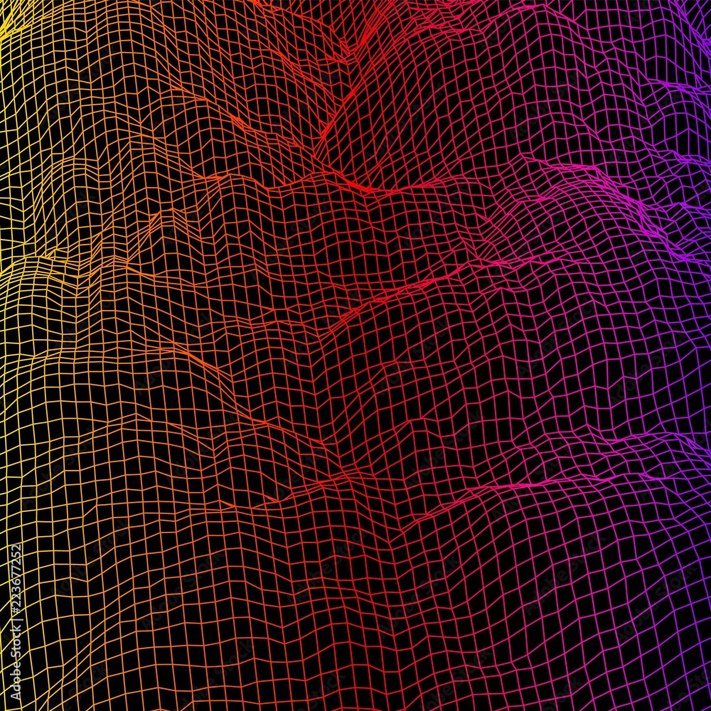 Poster digital landscape with mountains or clouds made of line grid